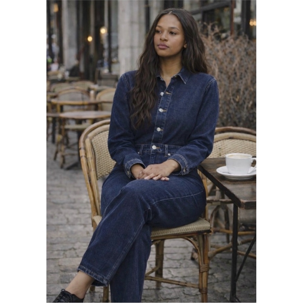 NWT Zara Dark Wash long sleeves Wide Leg Denim Jumpsuit Sz XL